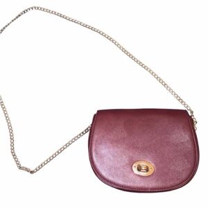 Leather Crossbody Saddle Bag in Burgundy with Gold Chain